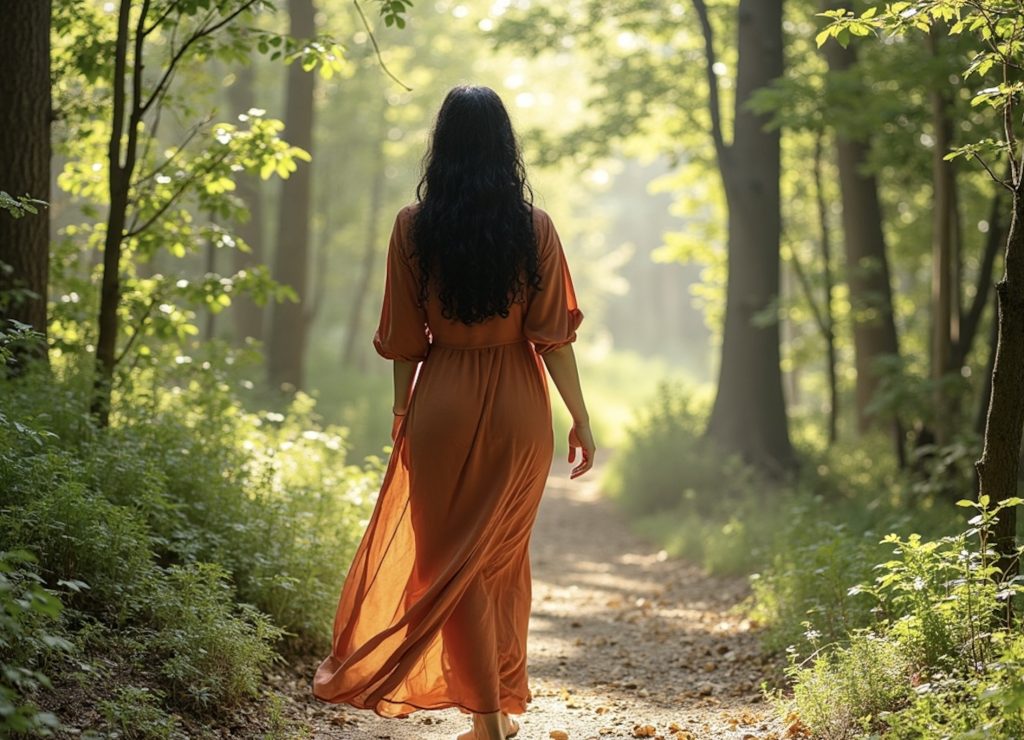 Femme marchant seule en forêt, symbolisant un cheminement intérieur et une transition de vie
